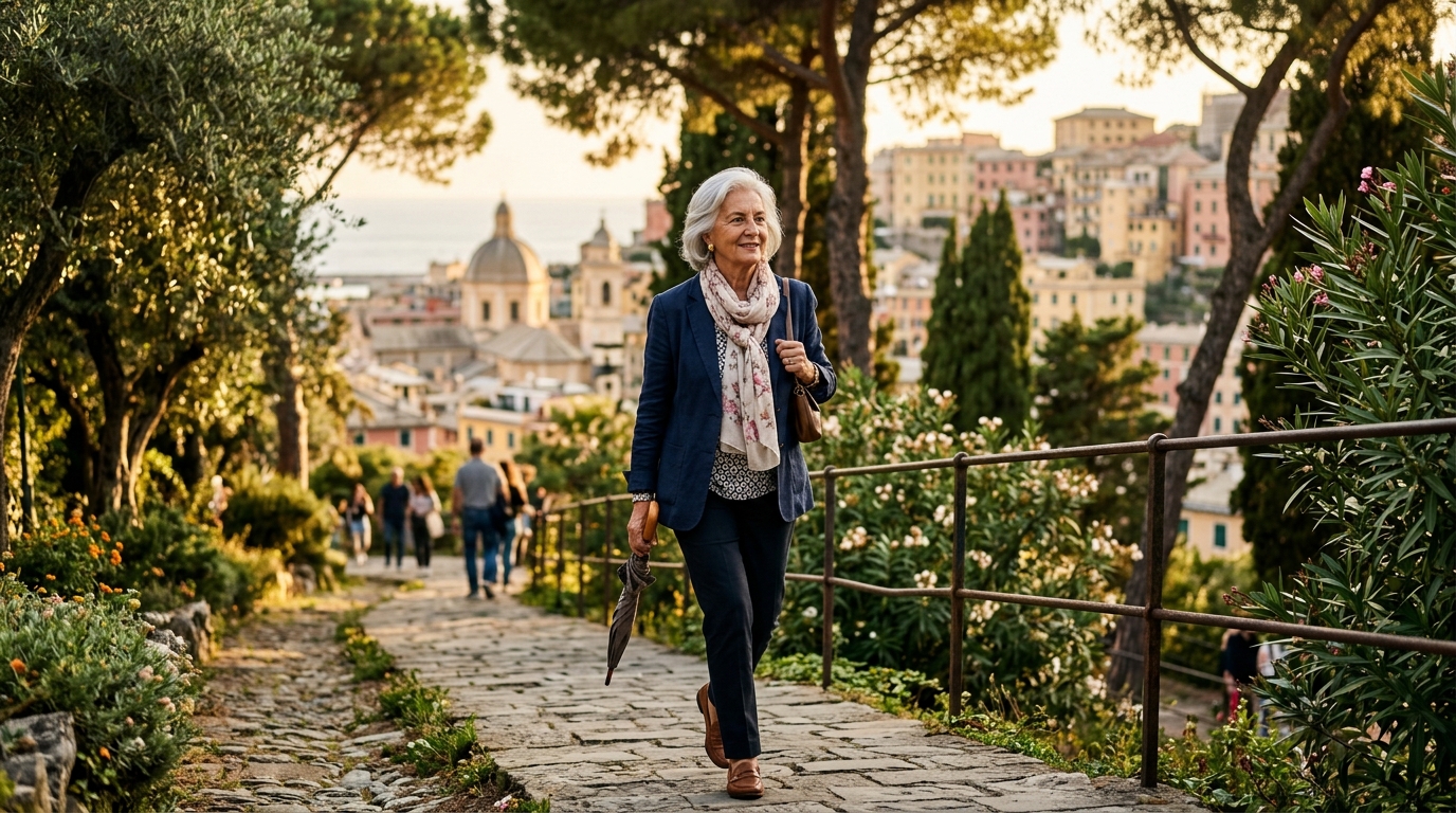 Donna anziana elegante che passeggia in un parco cittadino con serenità
