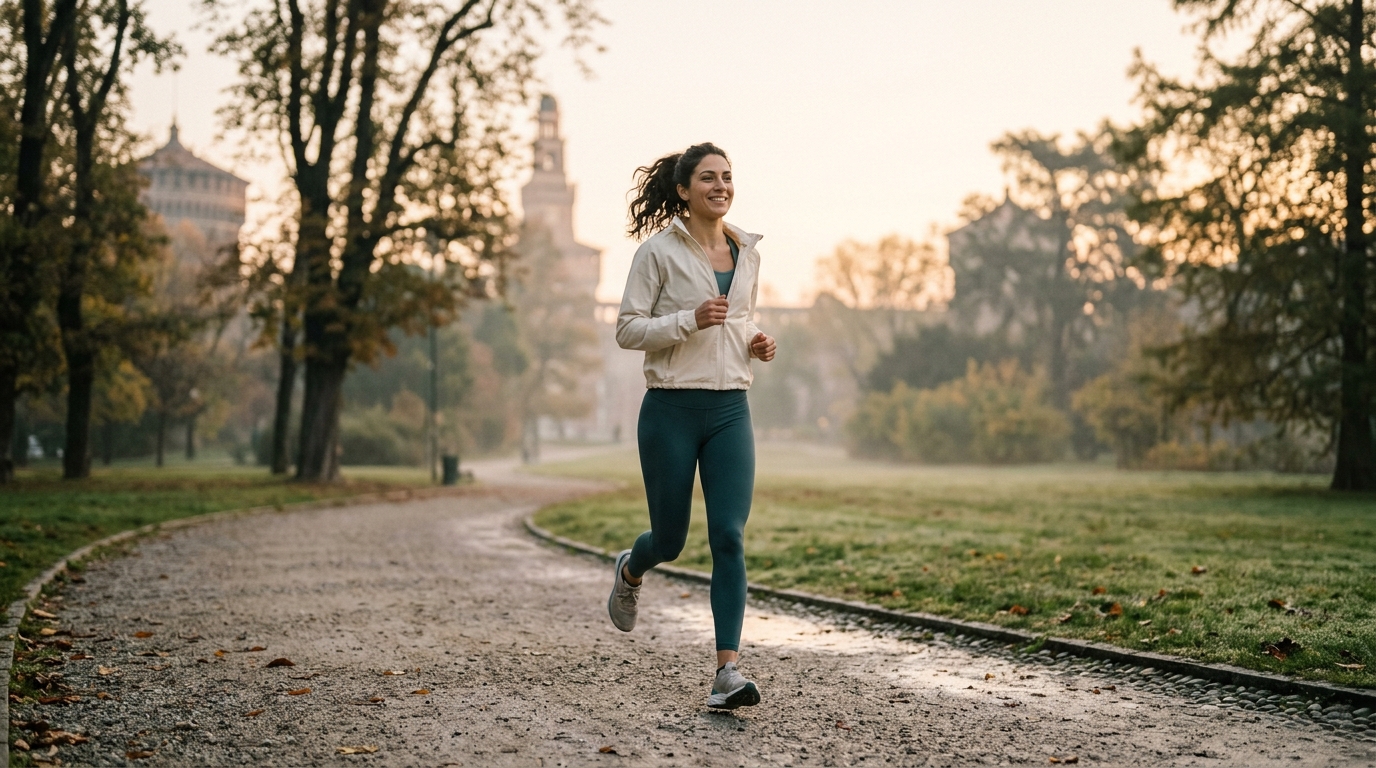 Runner che corre all'alba in un parco cittadino