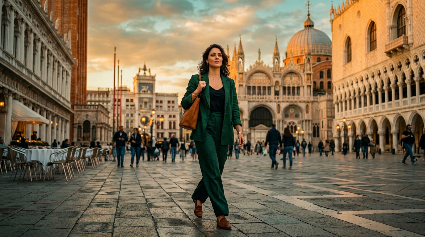 Donna che cammina con sicurezza in una città al tramonto