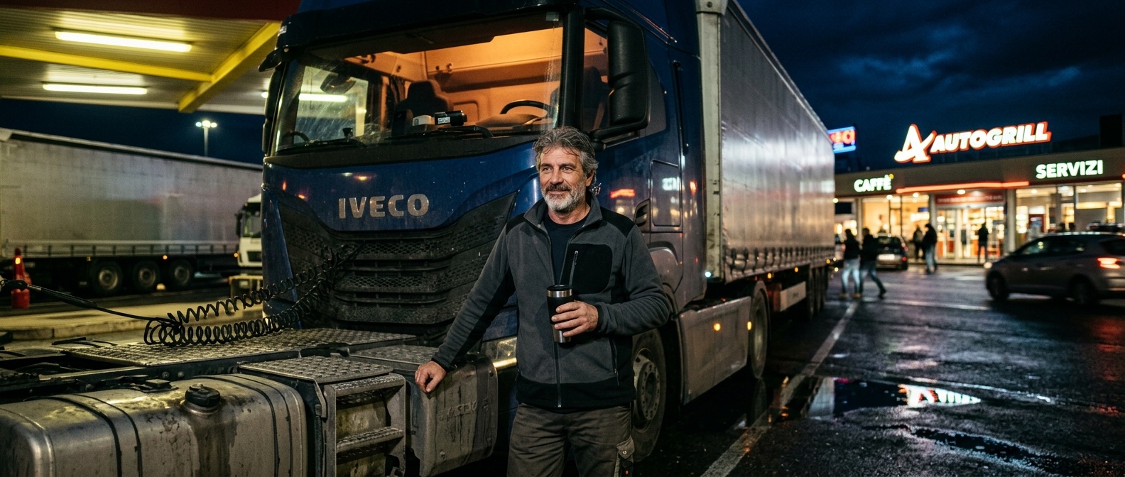Camionista accanto alla cabina del suo mezzo pesante in un'area di servizio italiana di notte