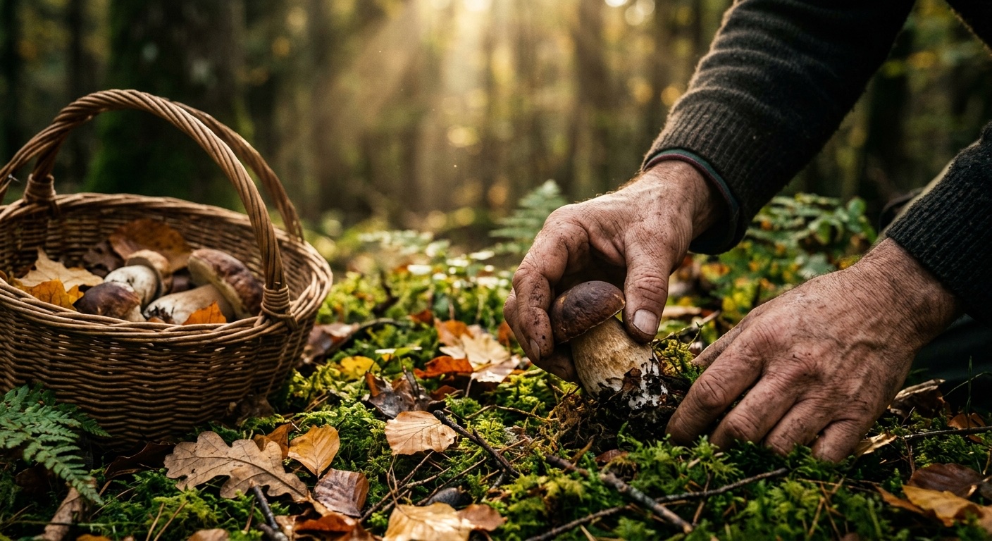 Mani esperte raccolgono un porcino dal muschio del bosco