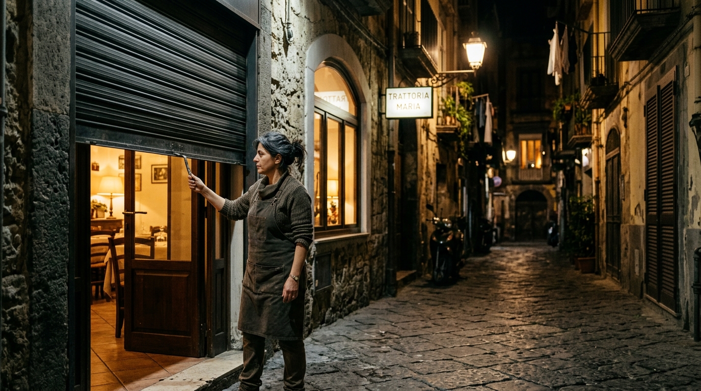 Ristoratrice che chiude la saracinesca del suo locale di sera
