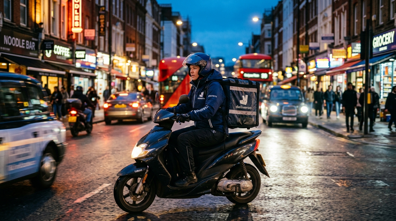 Rider con zaino termico che consegna di sera in una via urbana