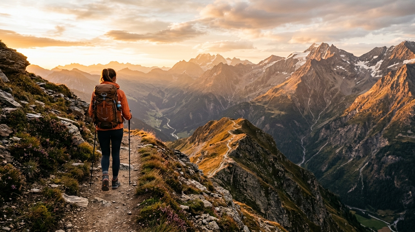 Escursionista su un sentiero di montagna al tramonto