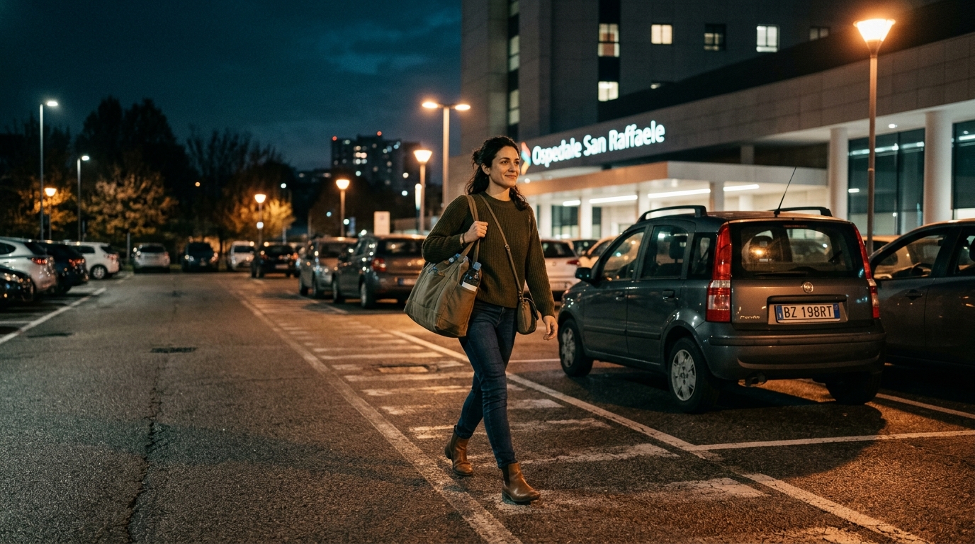 Donna in uniforme sanitaria che esce dall'ospedale di notte