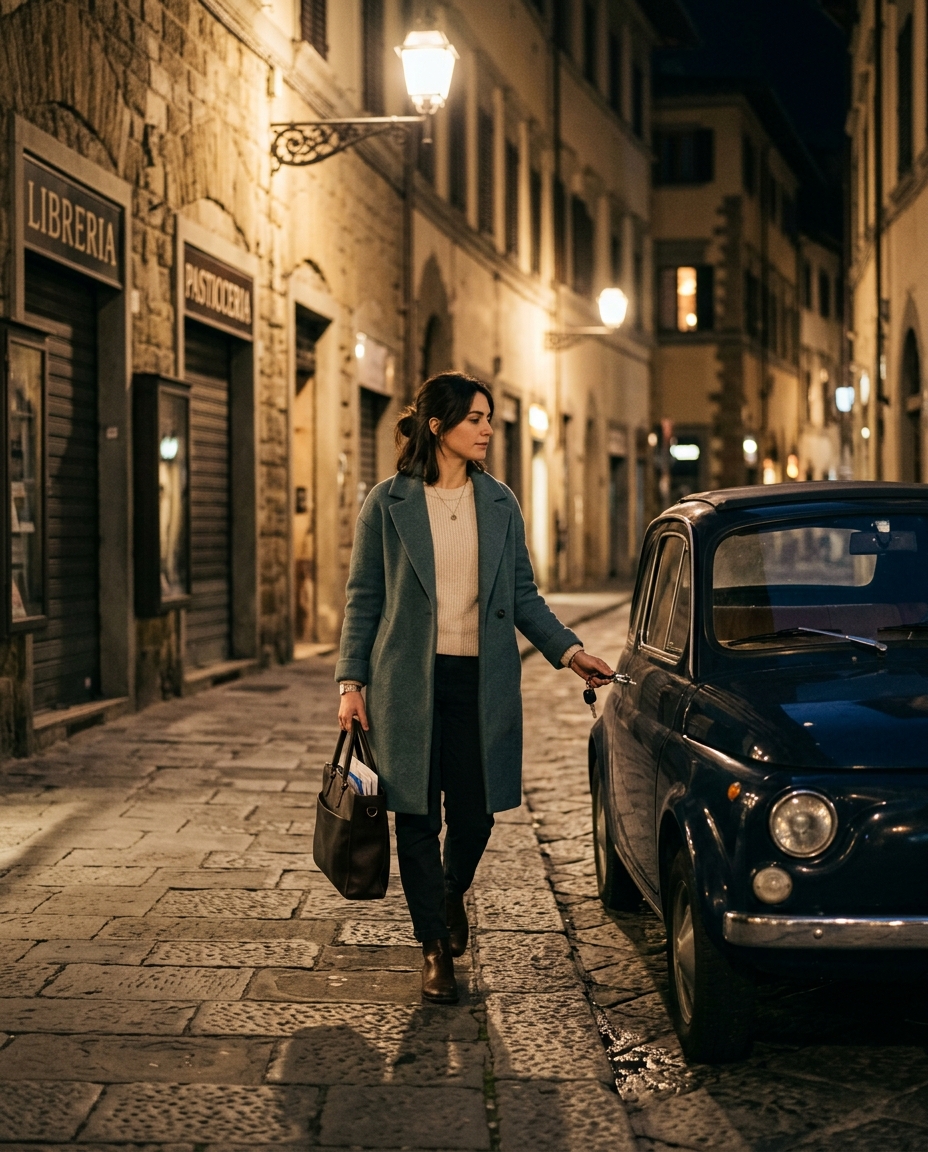 Donna che cammina verso la sua auto in un parcheggio notturno illuminato