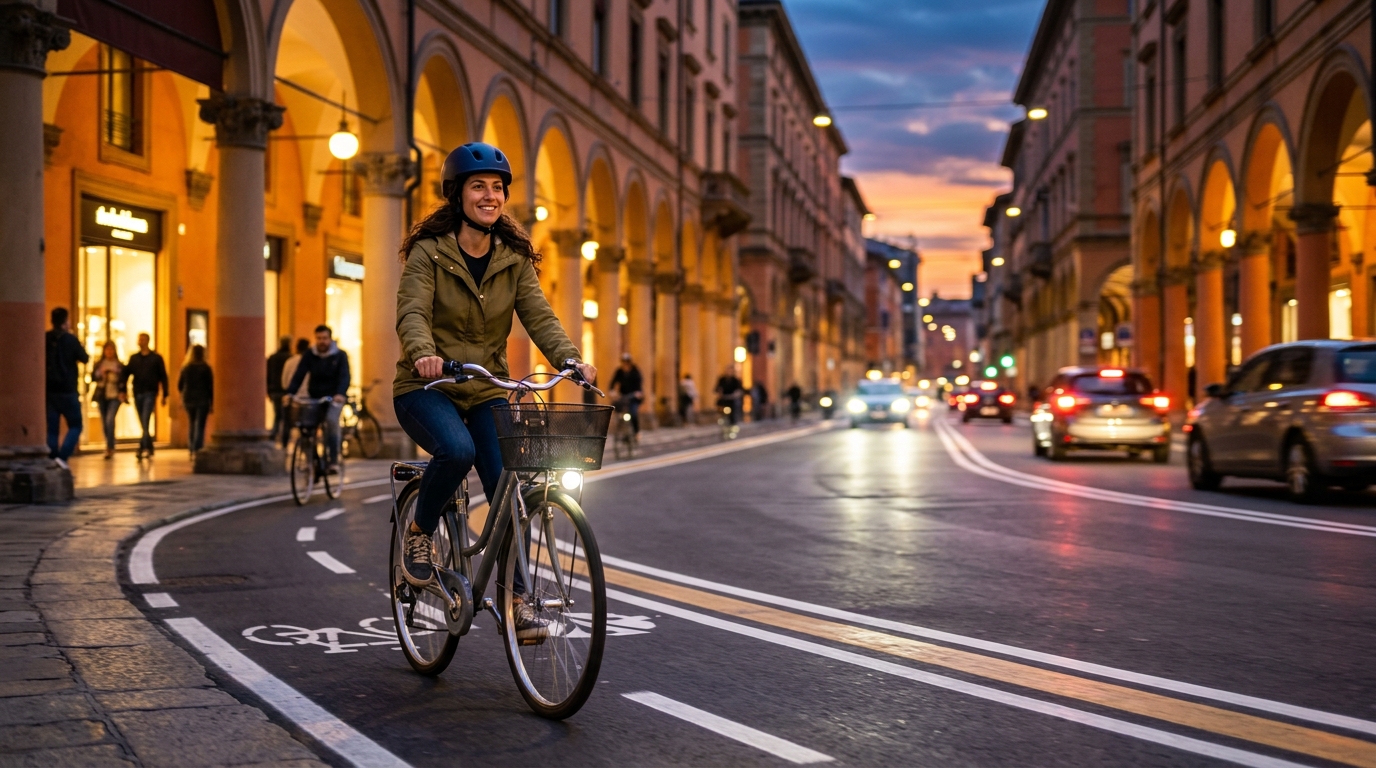 Donna in bicicletta su una pista ciclabile urbana al crepuscolo