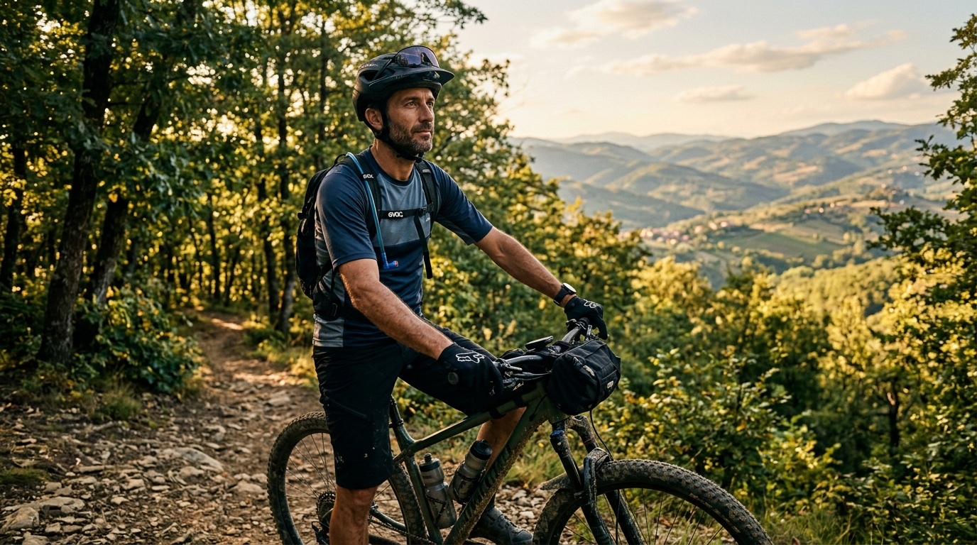 Uomo in tenuta da mountain bike fermo su un sentiero collinare al tramonto