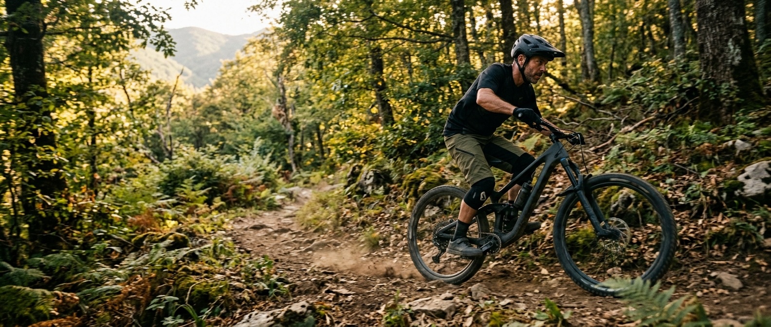 Uomo in mountain bike che affronta un single track in un bosco appenninico al tramonto