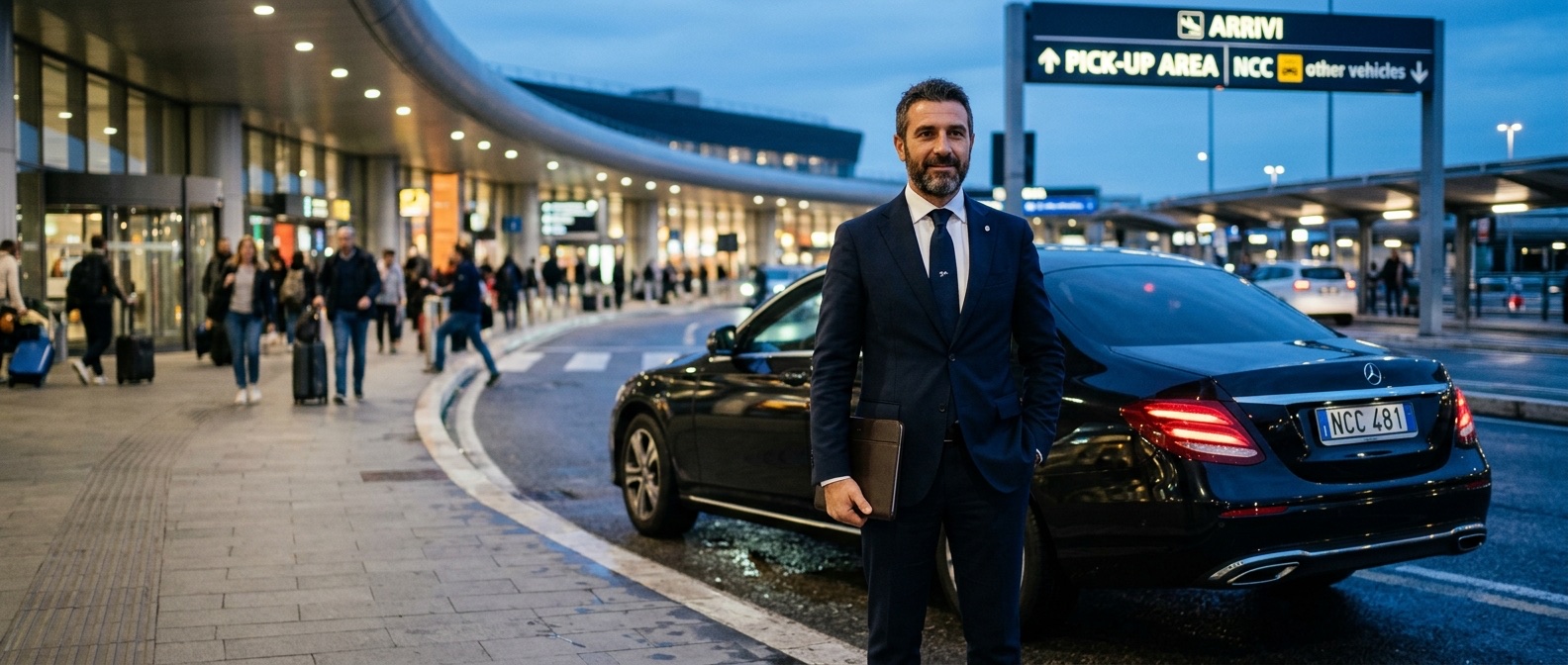 Autista NCC in abito scuro accanto a una berlina executive al pickup aeroportuale al crepuscolo