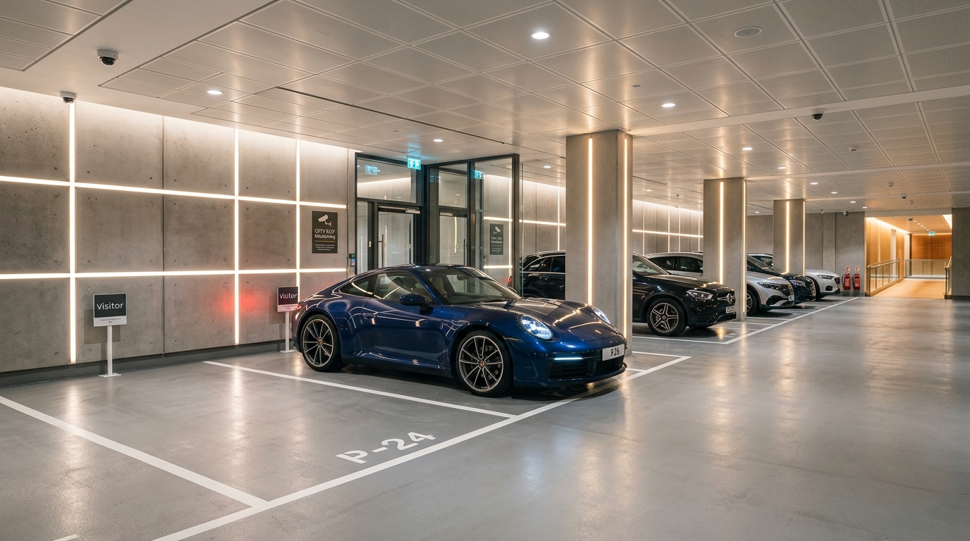 Auto in un garage sotterraneo ben illuminato