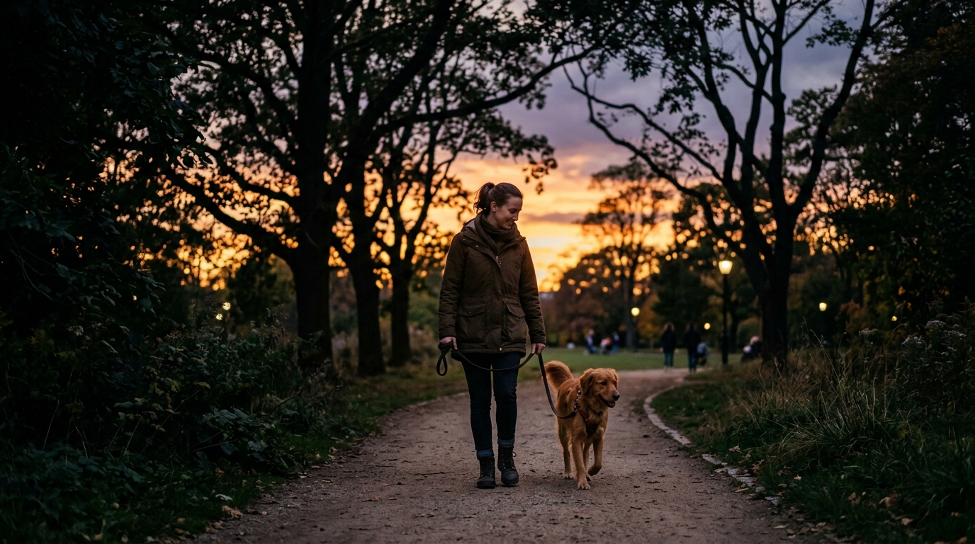 Persona che passeggia con il cane in un parco al crepuscolo