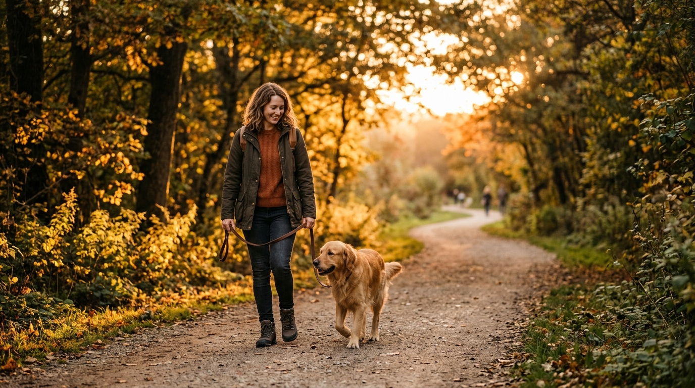 Persona con cane al guinzaglio lungo un sentiero nel parco al tramonto