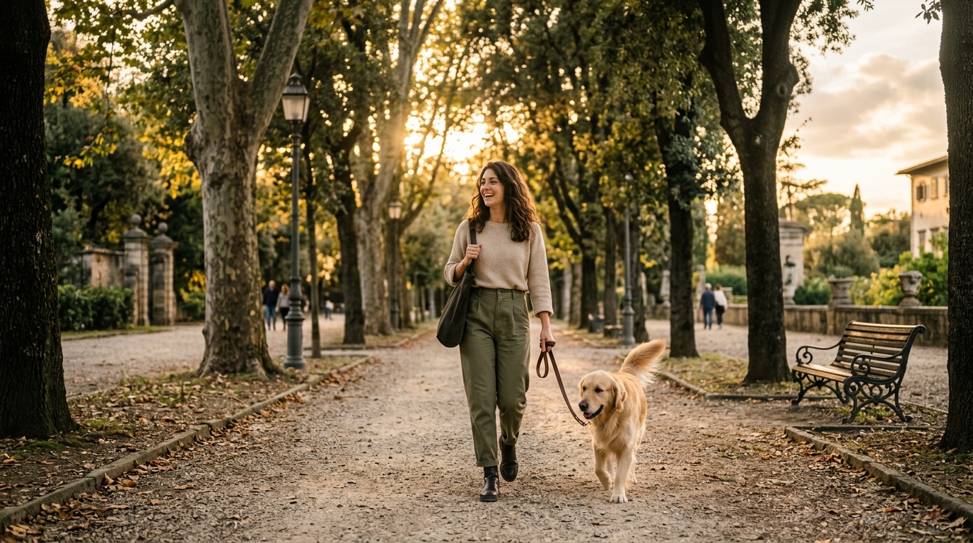 Donna che passeggia con il cane in un parco al tramonto