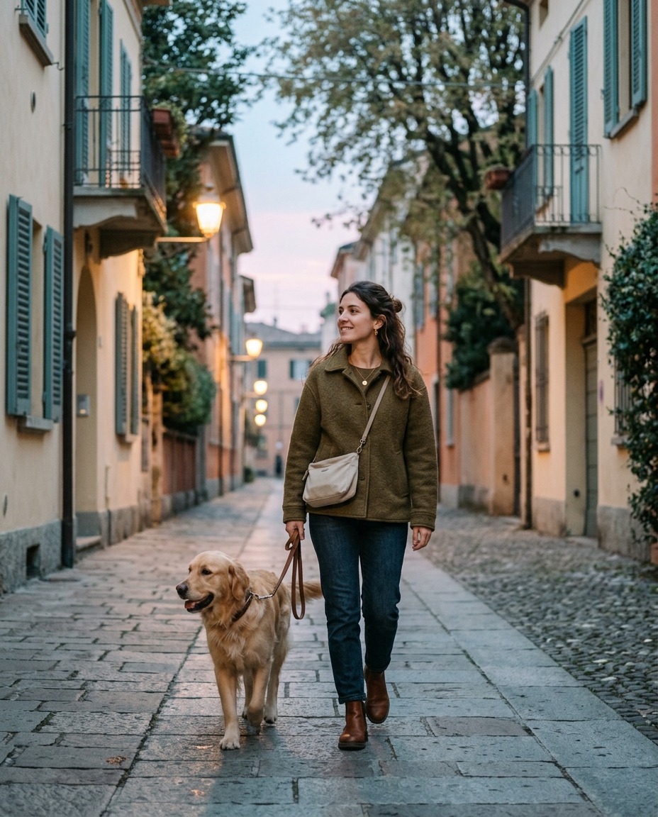 Donna che passeggia in un viale alberato con il suo cane al tramonto
