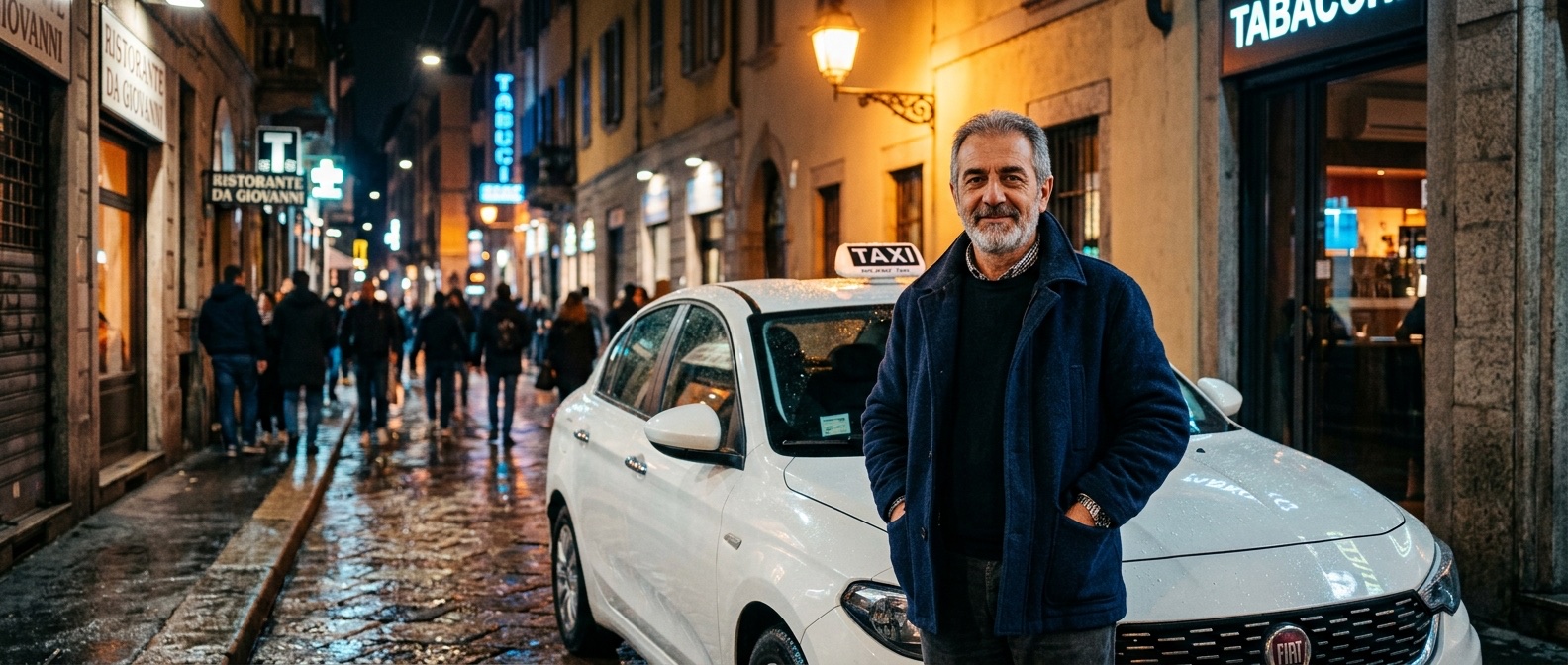 Tassista appoggiato al suo taxi in una via di Milano di notte sotto un lampione