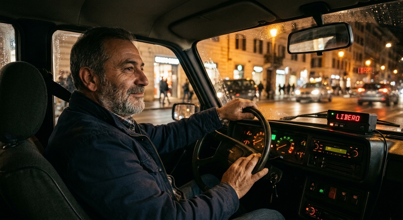 Tassista al volante illuminato dalle luci della strada notturna