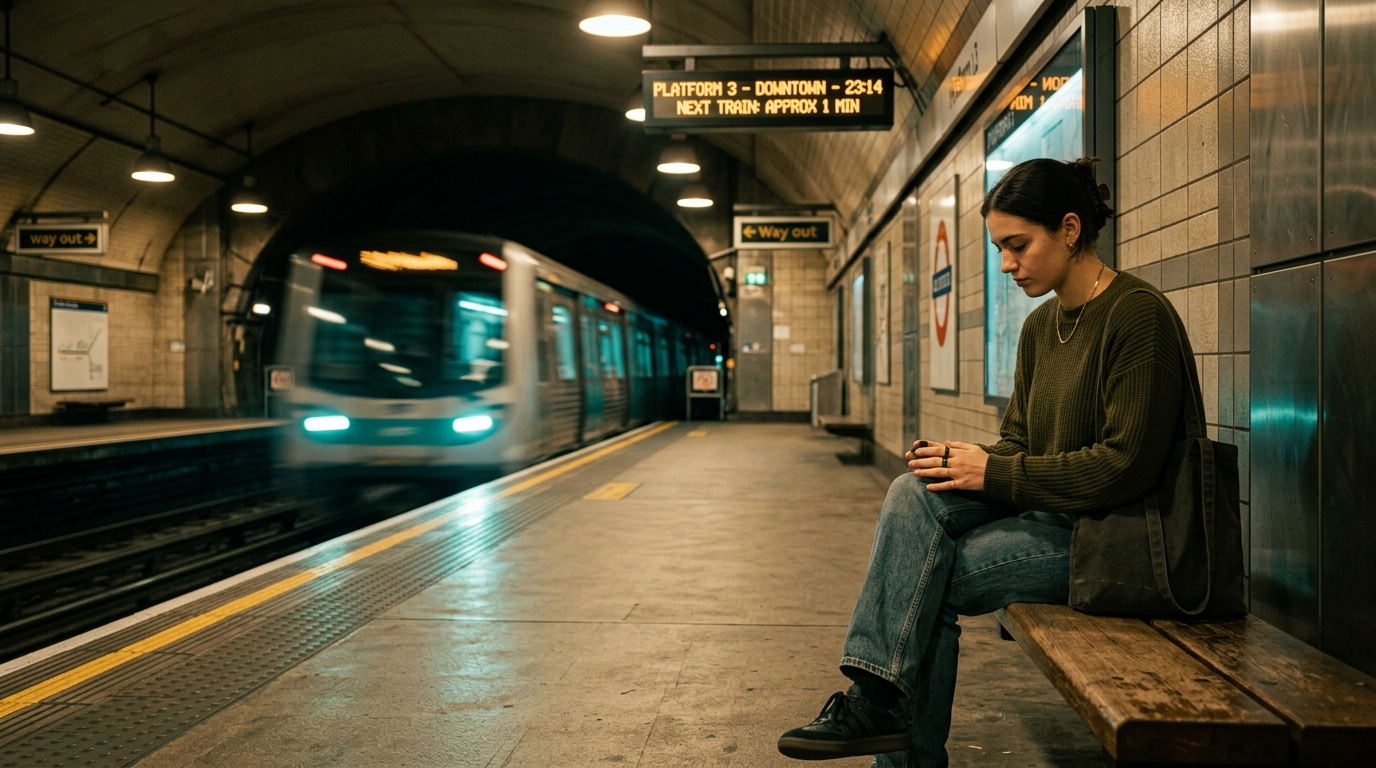 Persona in attesa sulla banchina della metro di sera