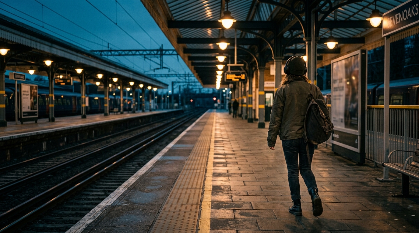 Pendolare che cammina lungo una banchina della stazione di sera