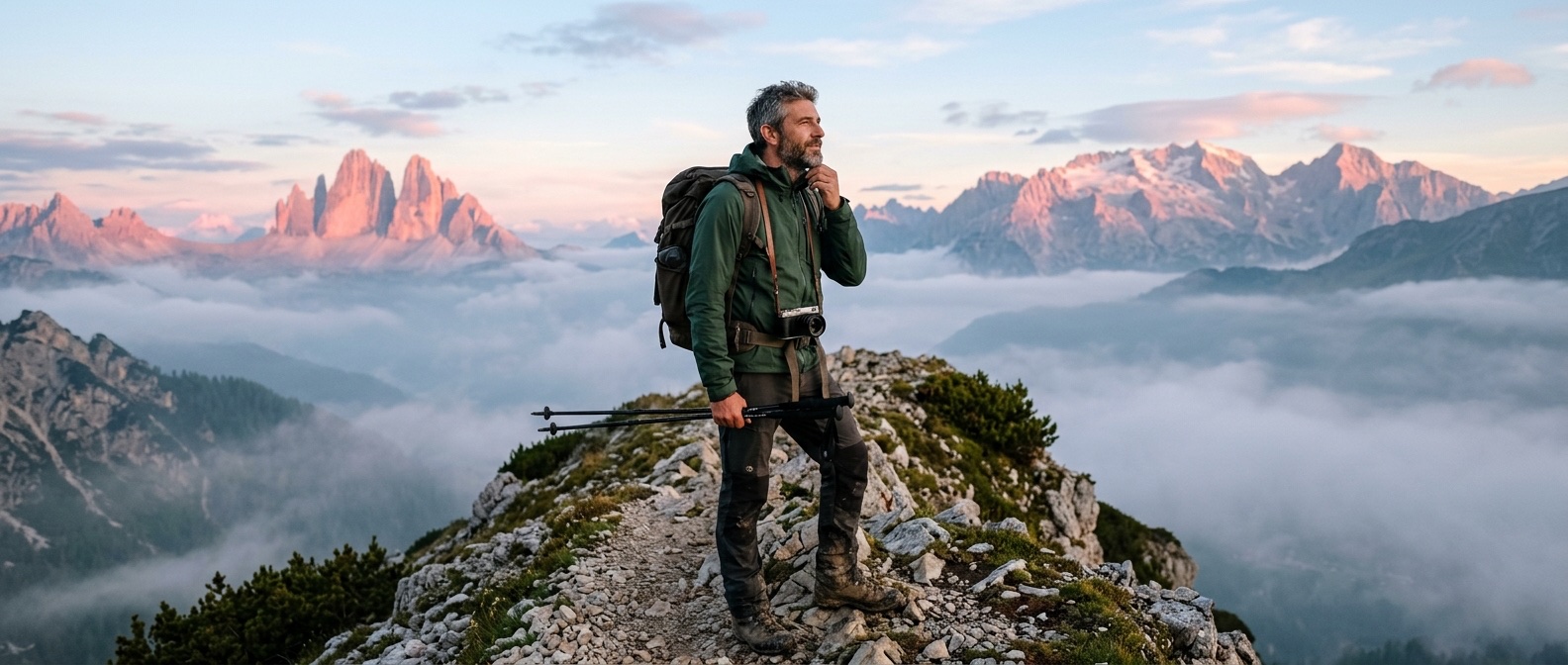 Uomo con zaino tecnico e treppiede su una cresta dolomitica all'alba