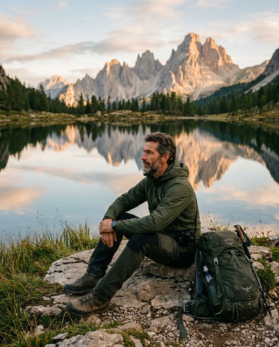 Uomo seduto su roccia accanto a un lago alpino al tramonto, in atteggiamento contemplativo