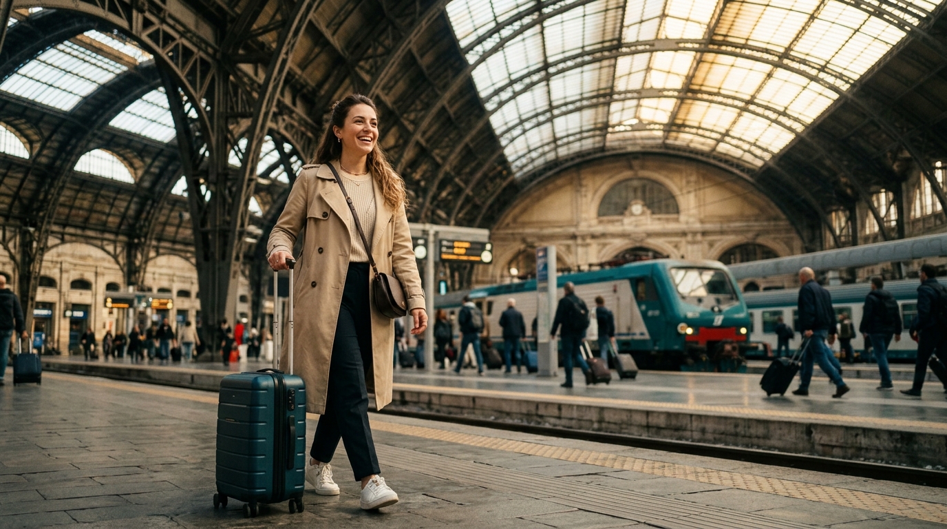 Donna con valigia in una stazione ferroviaria europea