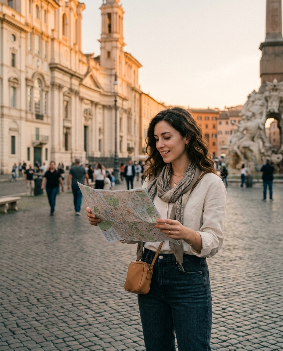 Donna che consulta una mappa in una piazza europea al tramonto