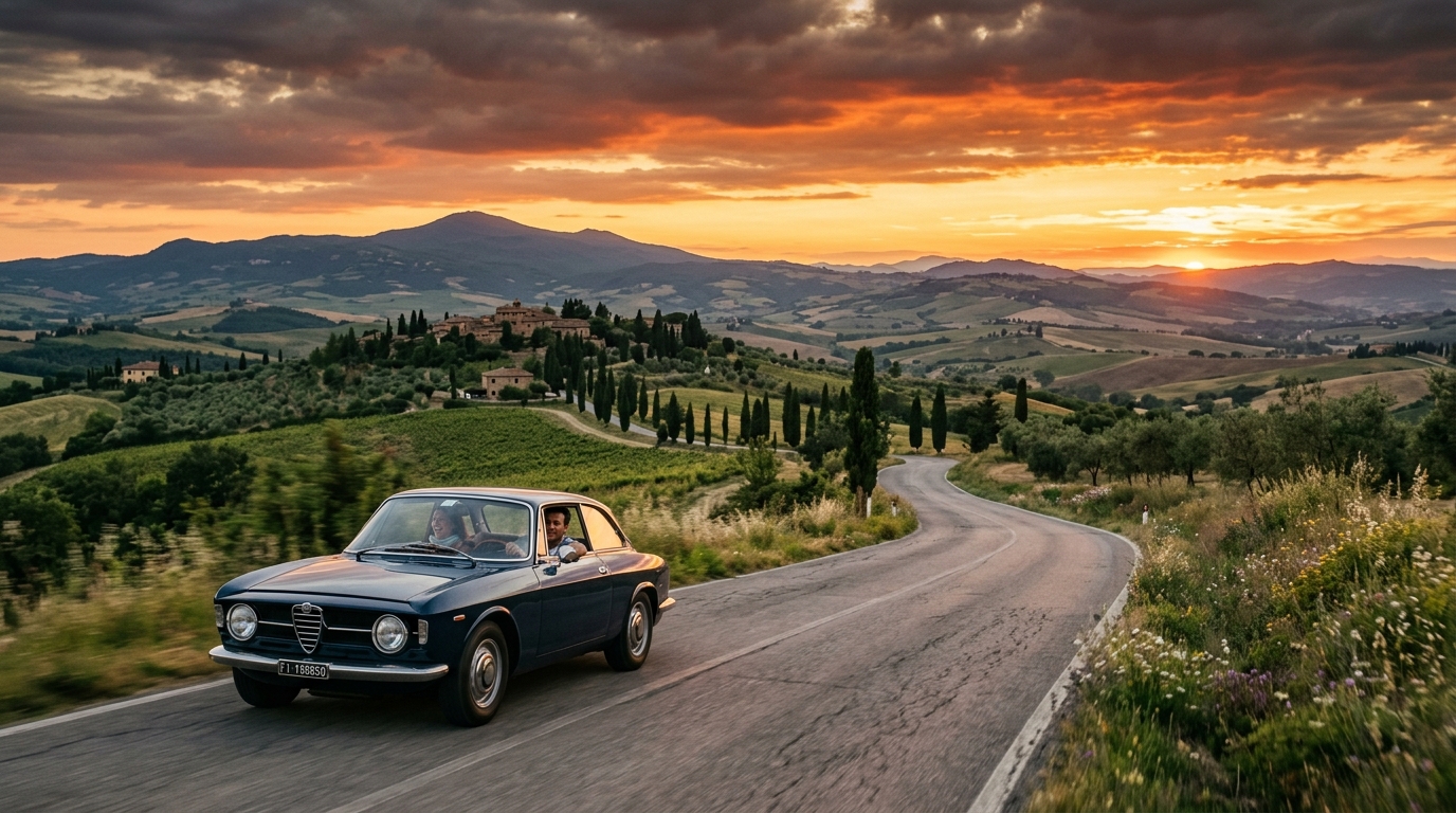 Auto su una strada panoramica al tramonto