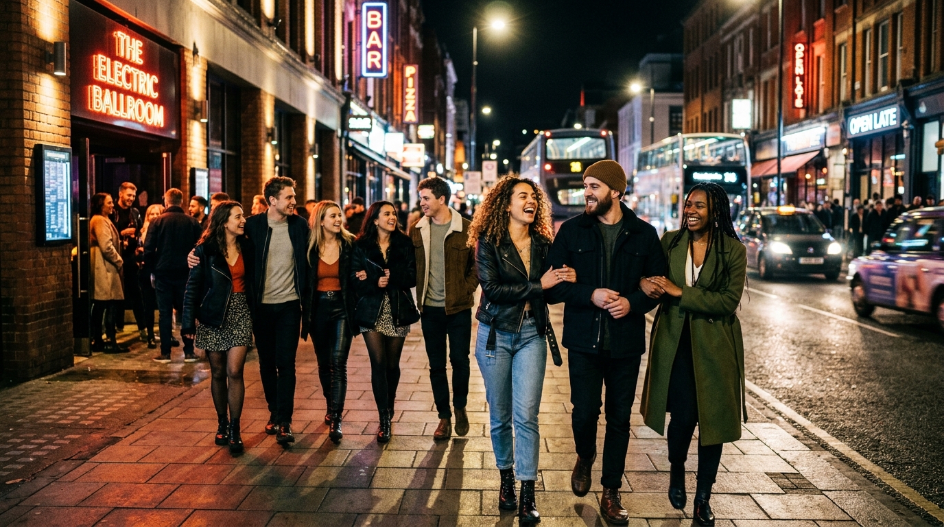 Gruppo di amici che esce da un locale la sera in una via urbana