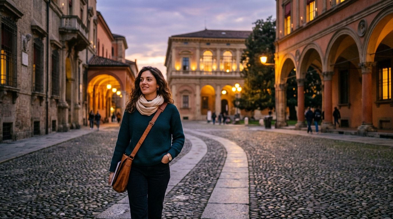 Studentessa che cammina per il campus universitario alla sera