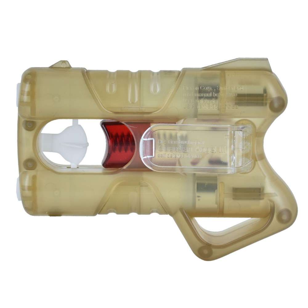 Vista laterale pistola spray al peperoncino Guardian Angel III ANGY Gold, scocca trasparente dorata con cartuccia rossa visibile e impugnatura ergonomica