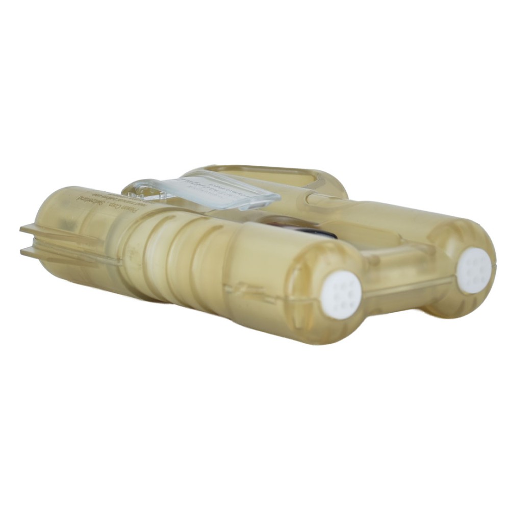Vista laterale pistola spray al peperoncino ANGY Gold in plastica trasparente dorata con due ugelli bianchi visibili e clip di sicurezza