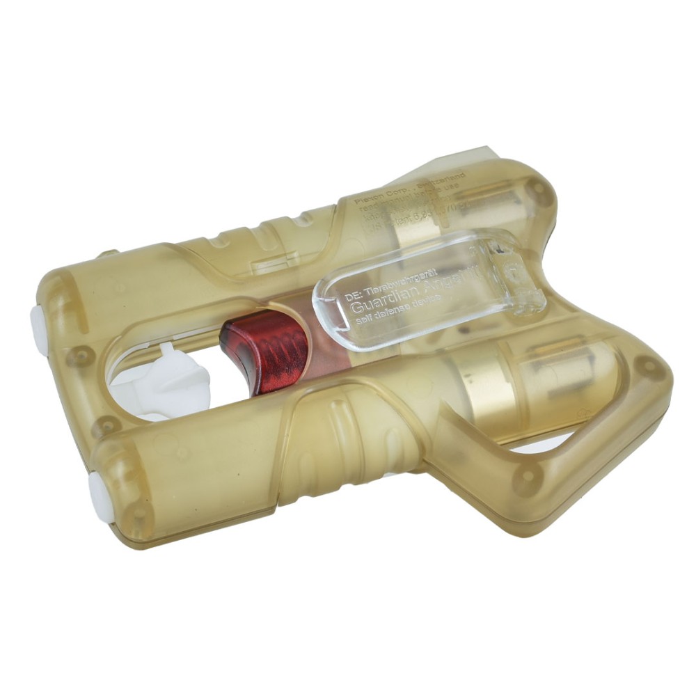 Pistola spray al peperoncino Guardian Angel ANGY Gold in plastica trasparente dorata, vista 3/4 con cartuccia rossa visibile e impugnatura ergonomica