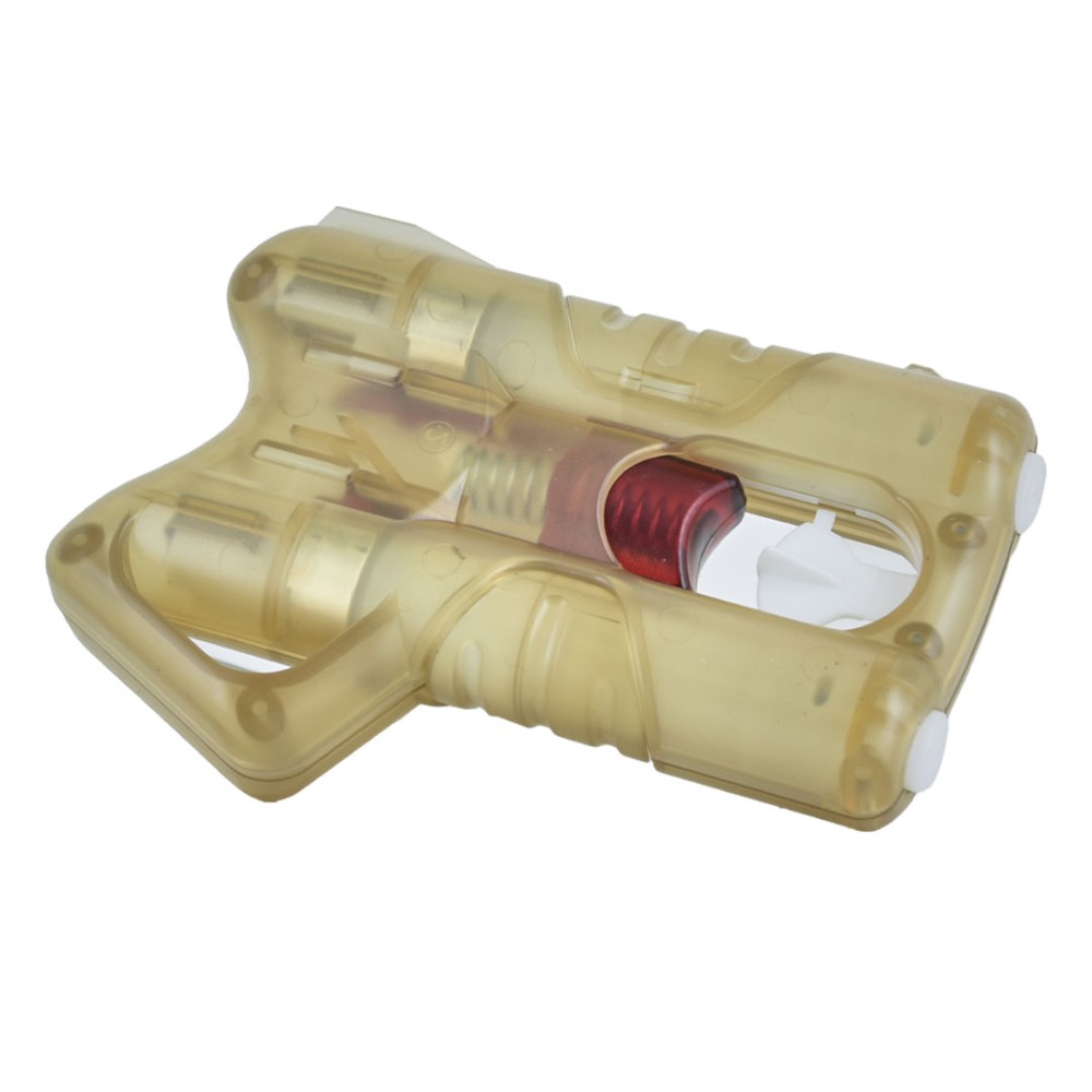 Vista 3/4 pistola spray al peperoncino ANGY Gold in plastica trasparente dorata con cartuccia rossa visibile e impugnatura ergonomica