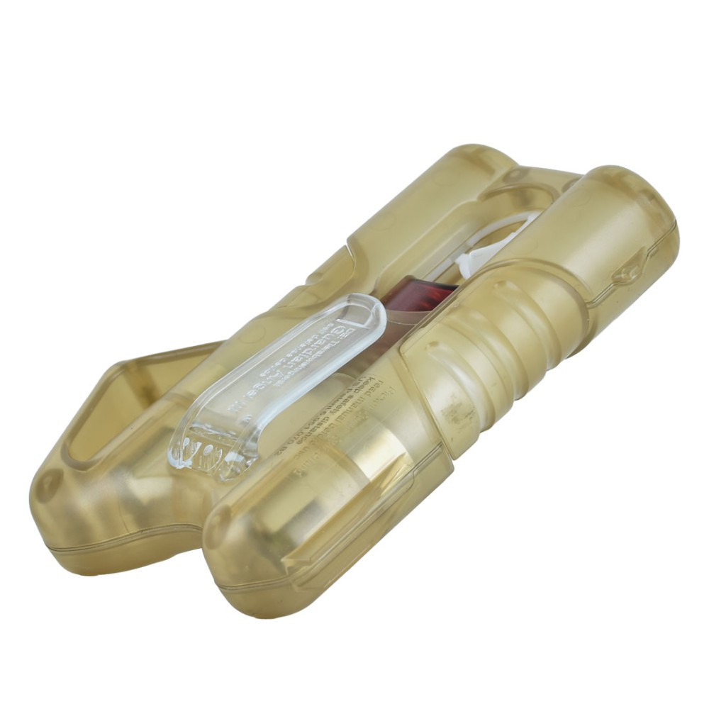 Vista 3/4 dello spray al peperoncino ANGY Gold in plastica trasparente dorata con impugnatura ergonomica e leva di sicurezza trasparente
