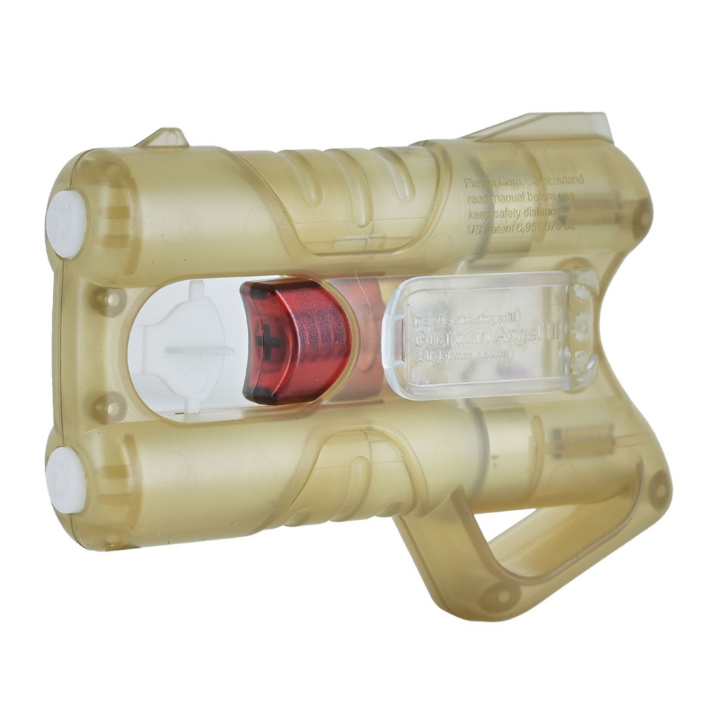 Vista laterale 3/4 pistola spray al peperoncino Guardian Angel II ANGY Gold in plastica trasparente dorata con cartuccia rossa visibile