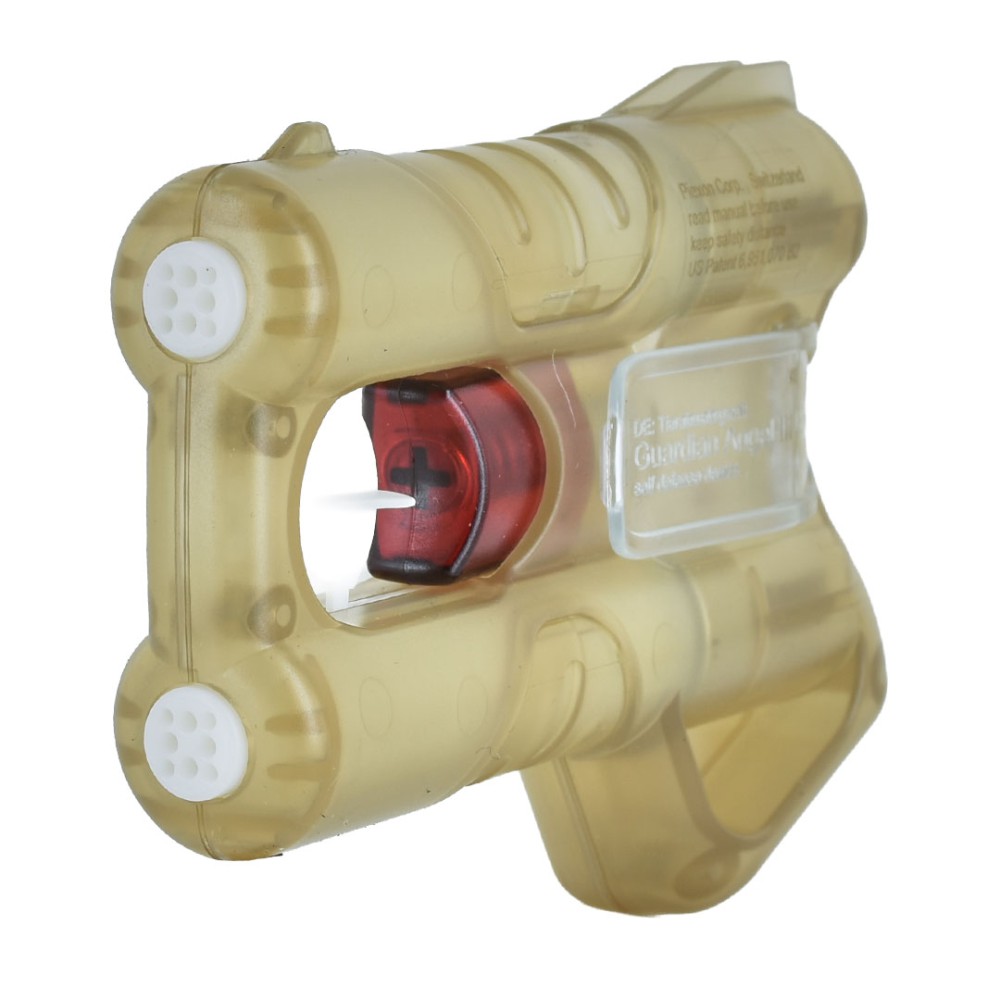 Vista 3/4 pistola spray al peperoncino ANGY Gold color oro trasparente con ugello rosso e impugnatura ergonomica ambidestra