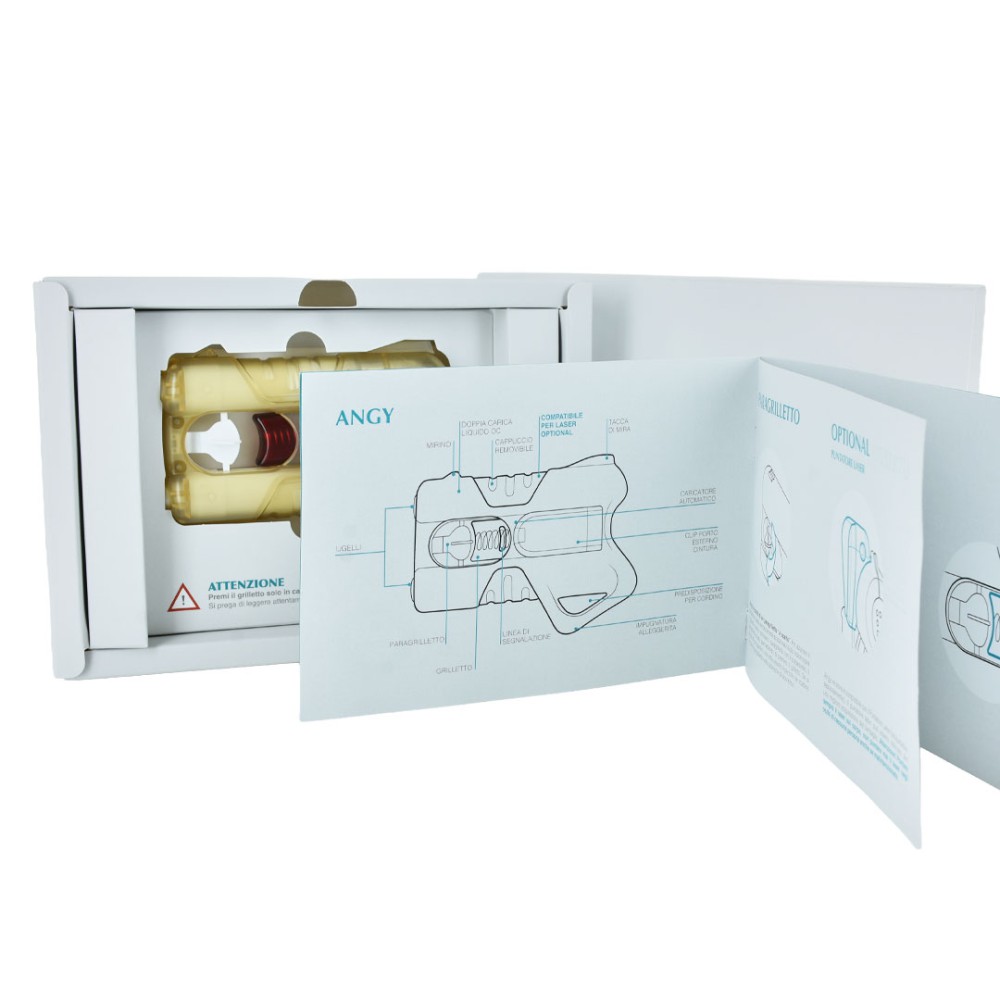 Confezione aperta ANGY Gold con spray al gel OC colore giallo trasparente e libretto istruzioni illustrato in italiano