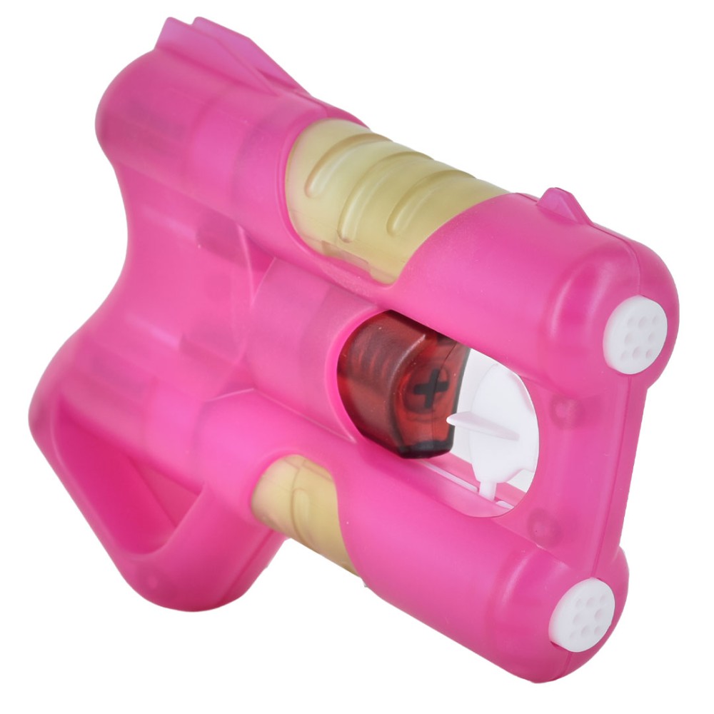 Vista 3/4 frontale spray al peperoncino ANGY rosa con cartuccia rossa visibile, impugnatura ergonomica bicolore e LED bianchi laterali