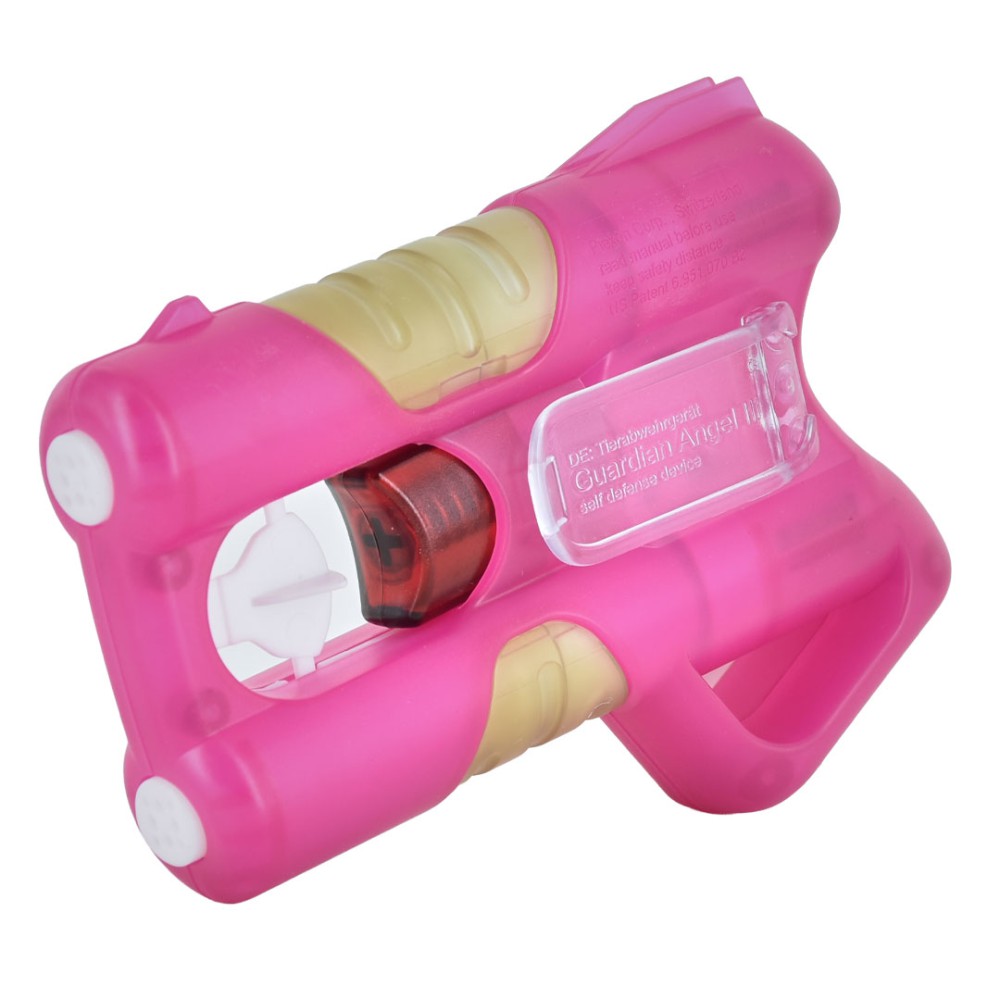 Vista 3/4 del dispositivo di autodifesa Guardian Angel II rosa con cartuccia rossa gel OC visibile, impugnatura ergonomica e sicura trasparente
