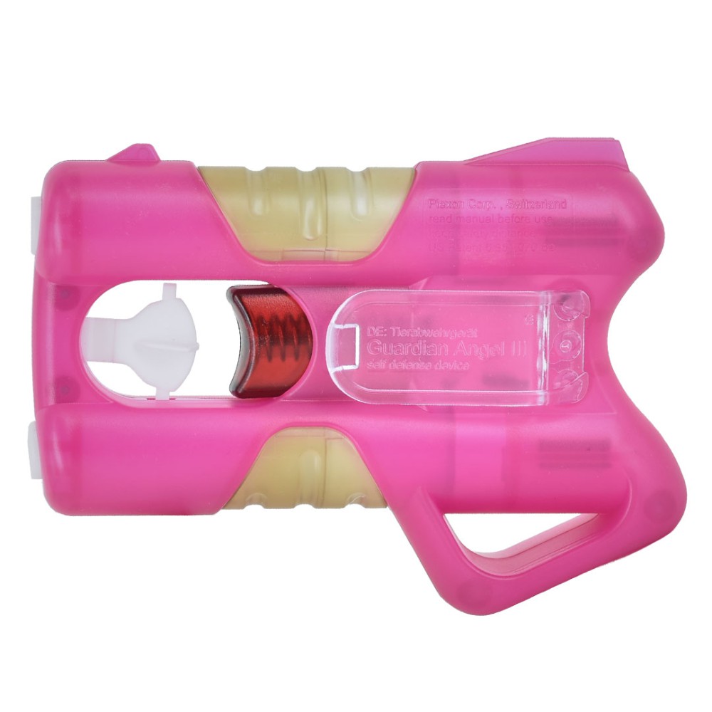 Vista frontale pistola spray al peperoncino Guardian Angel II rosa con flacone rosso visibile e sicura trasparente