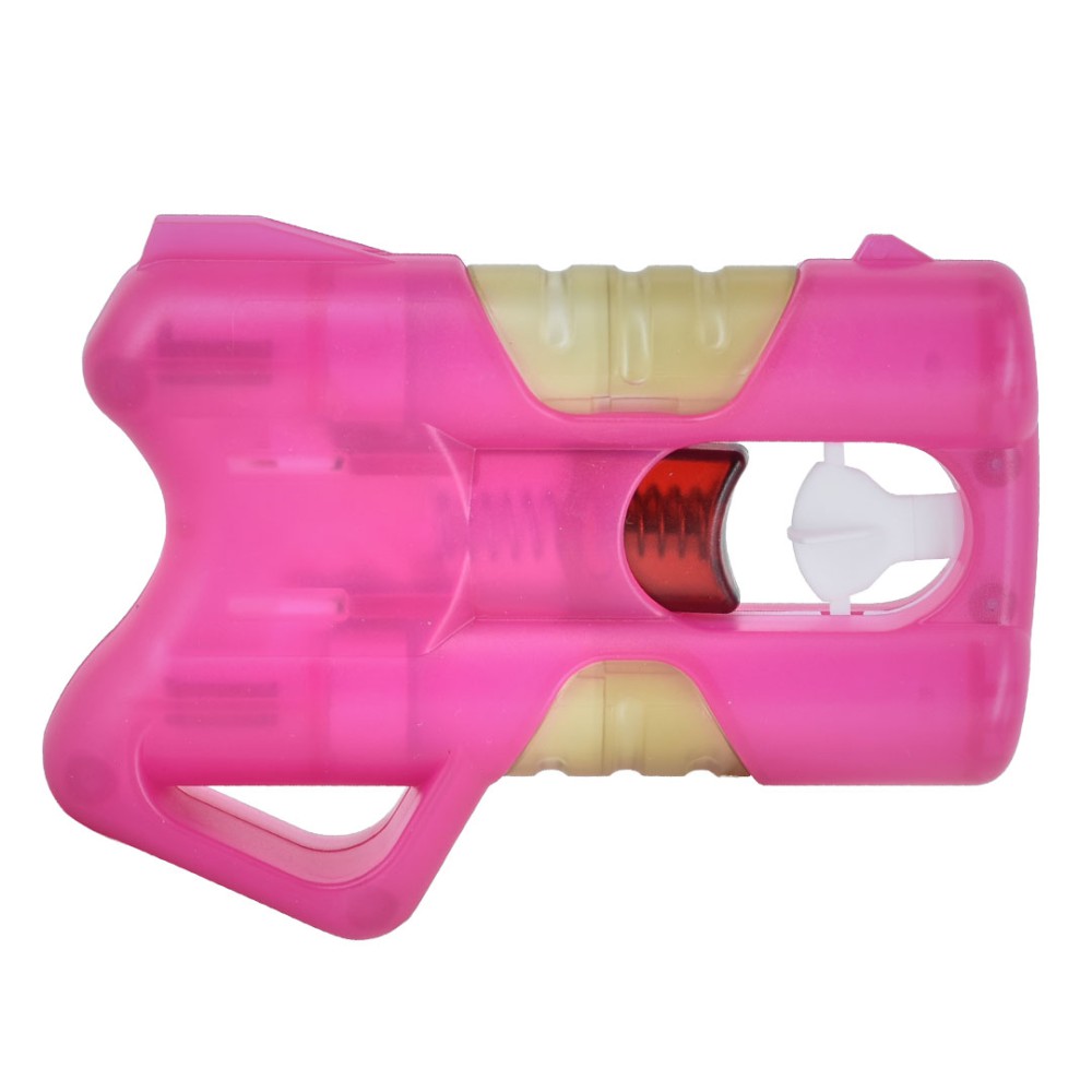 Vista laterale pistola spray al peperoncino ANGY rosa fucsia semitrasparente con grilletto rosso e ugello bianco frontale