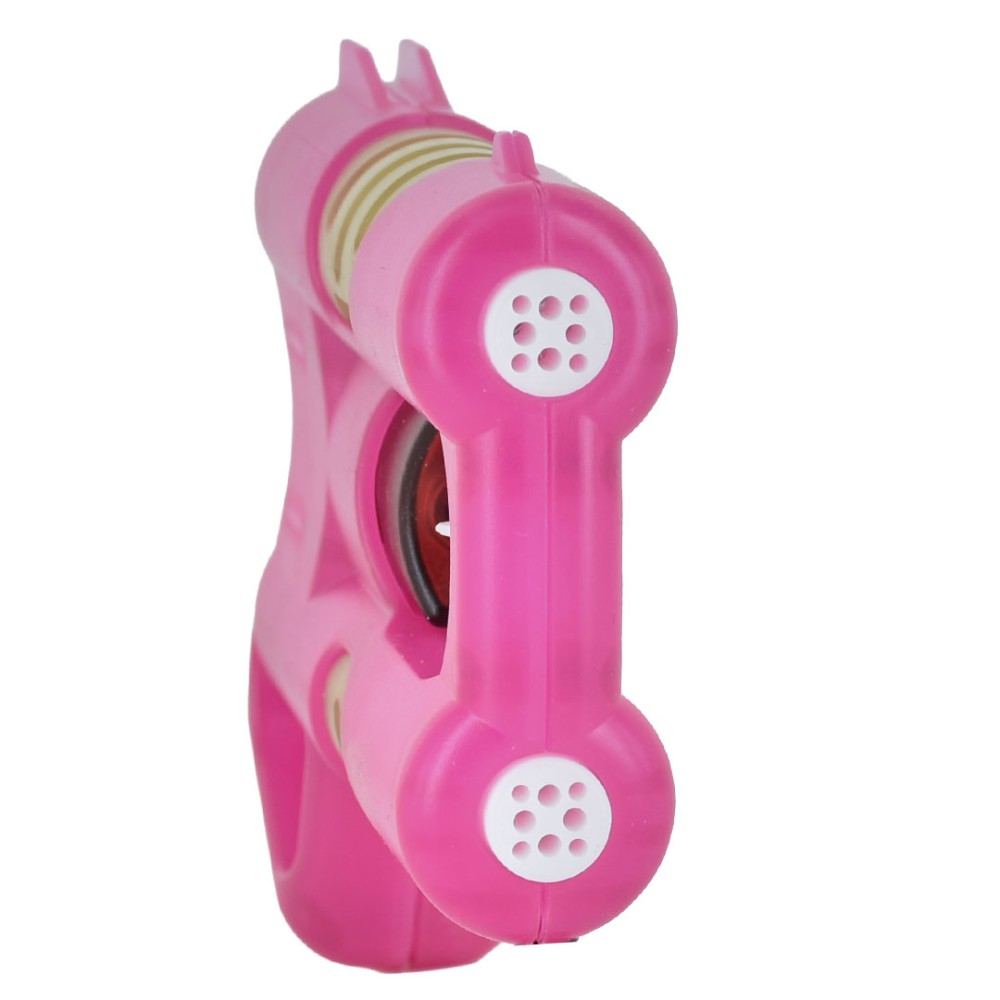 Vista laterale pistola spray al peperoncino ANGY rosa fucsia con impugnatura ergonomica, grilletto e cornetta telefonica decorativa