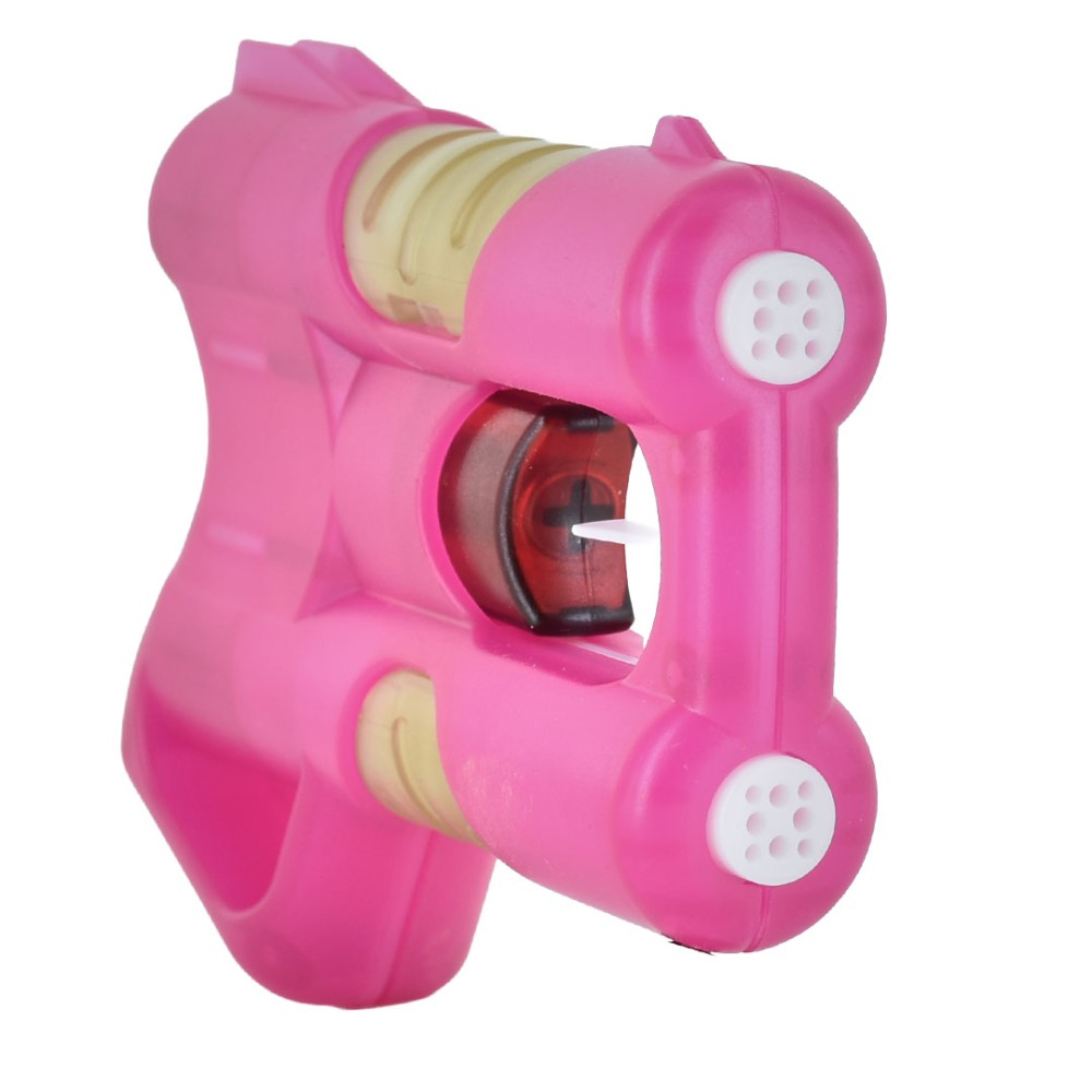 Vista laterale 3/4 pistola spray al peperoncino ANGY rosa fucsia con erogatore rosso e impugnatura ergonomica antiscivolo