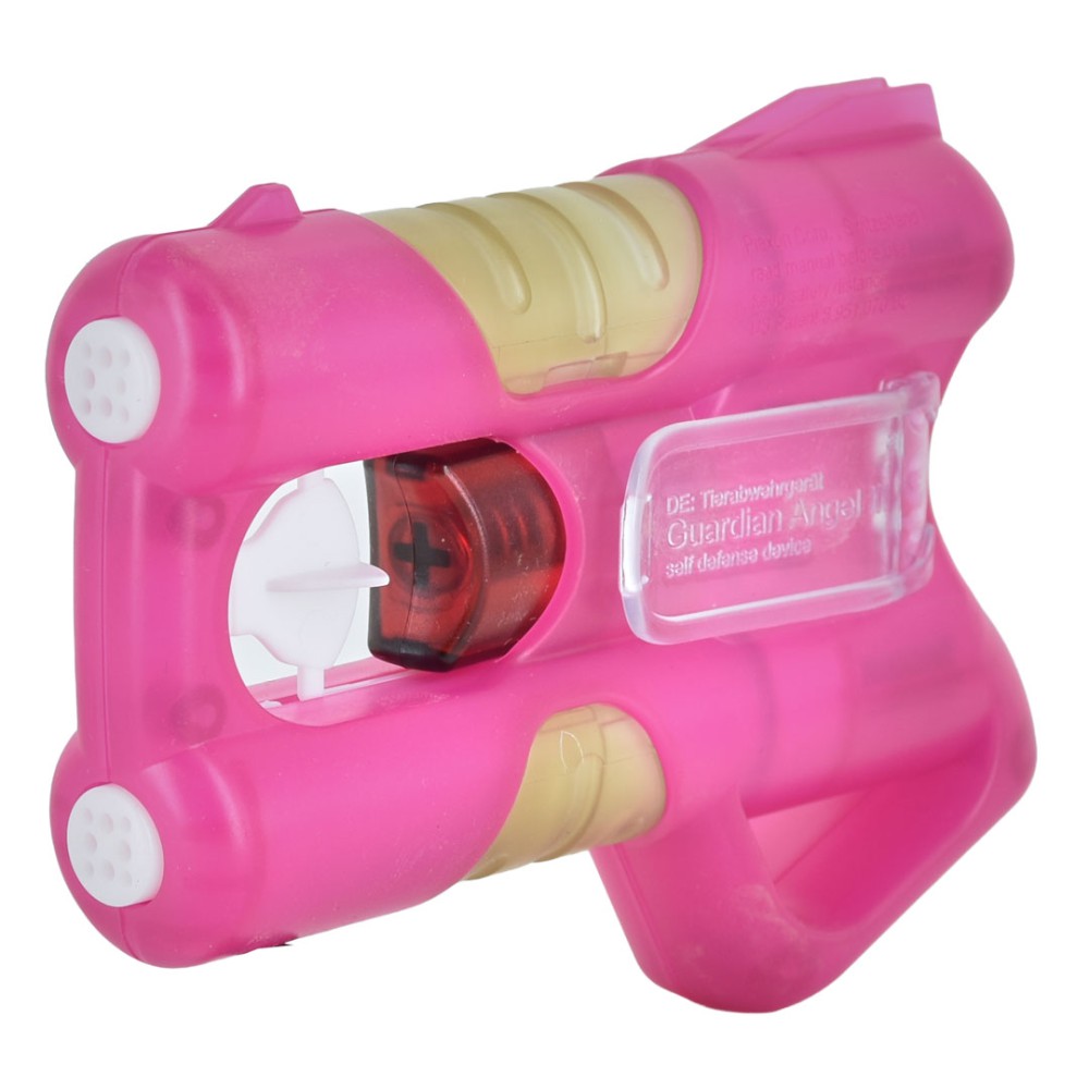 Vista 3/4 anteriore del dispositivo di autodifesa Guardian Angel ANGY rosa con cartuccia gel visibile e etichetta self defense device