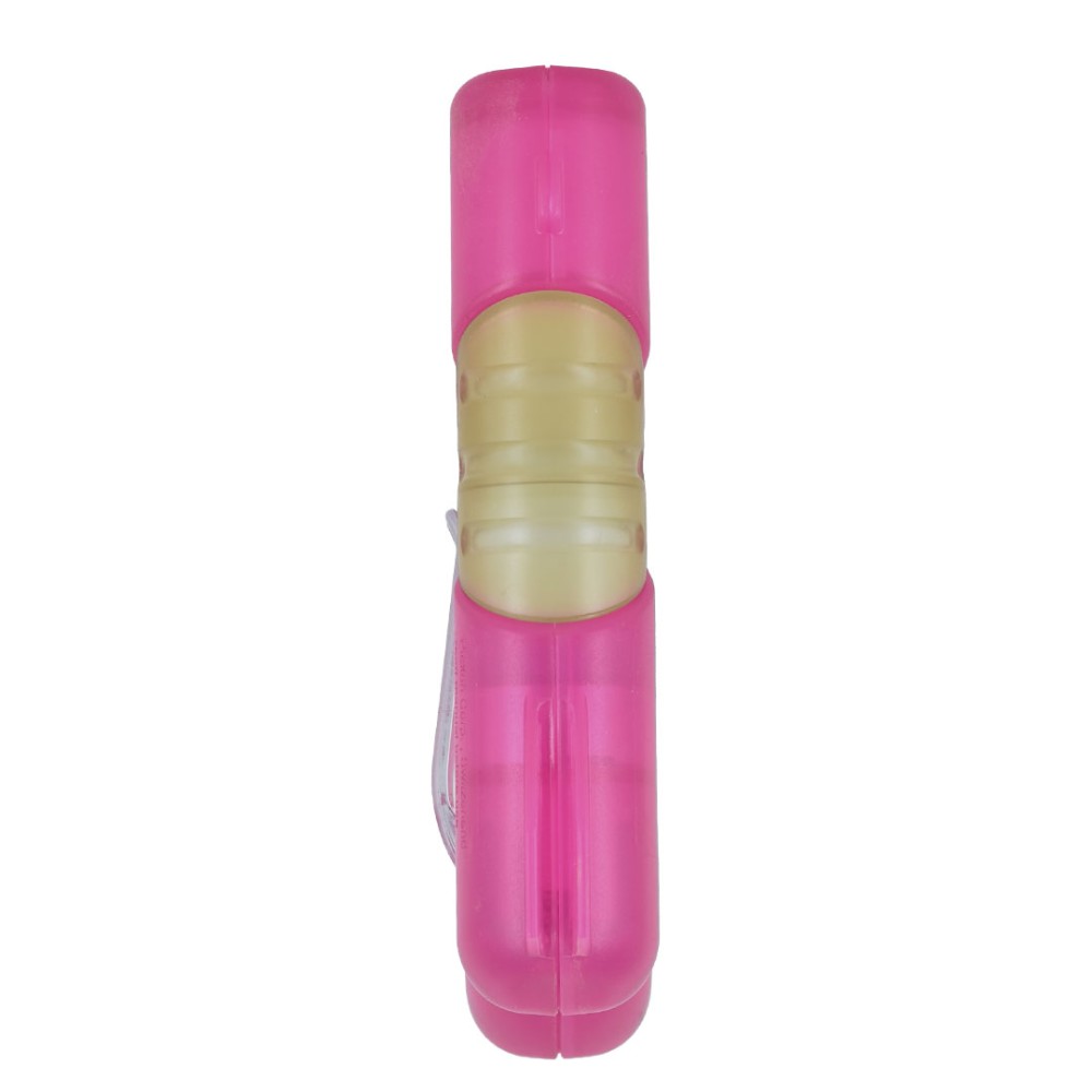 Vista laterale spray al peperoncino ANGY rosa con serbatoio trasparente giallo centrale e scocca rosa fucsia opaca