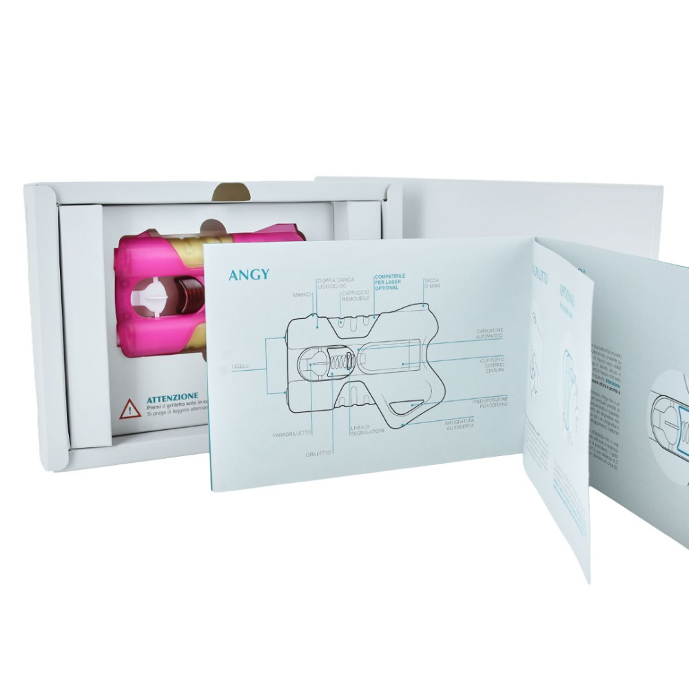 ANGY Pink spray al peperoncino in confezione aperta con libretto istruzioni tecnico e dispositivo rosa visibile