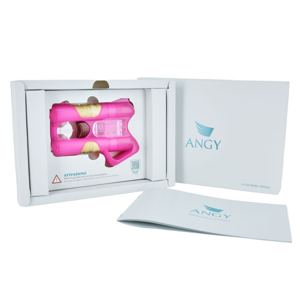 ANGY Pink spray al peperoncino rosa in confezione regalo bianca aperta con manuale d'uso, vista 3/4 dall'alto