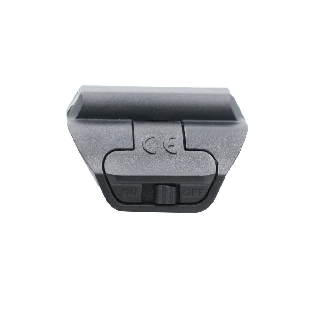 Vista frontale del mirino laser a clip per ANGY in plastica nera opaca con selettore ON/OFF e marchio CE