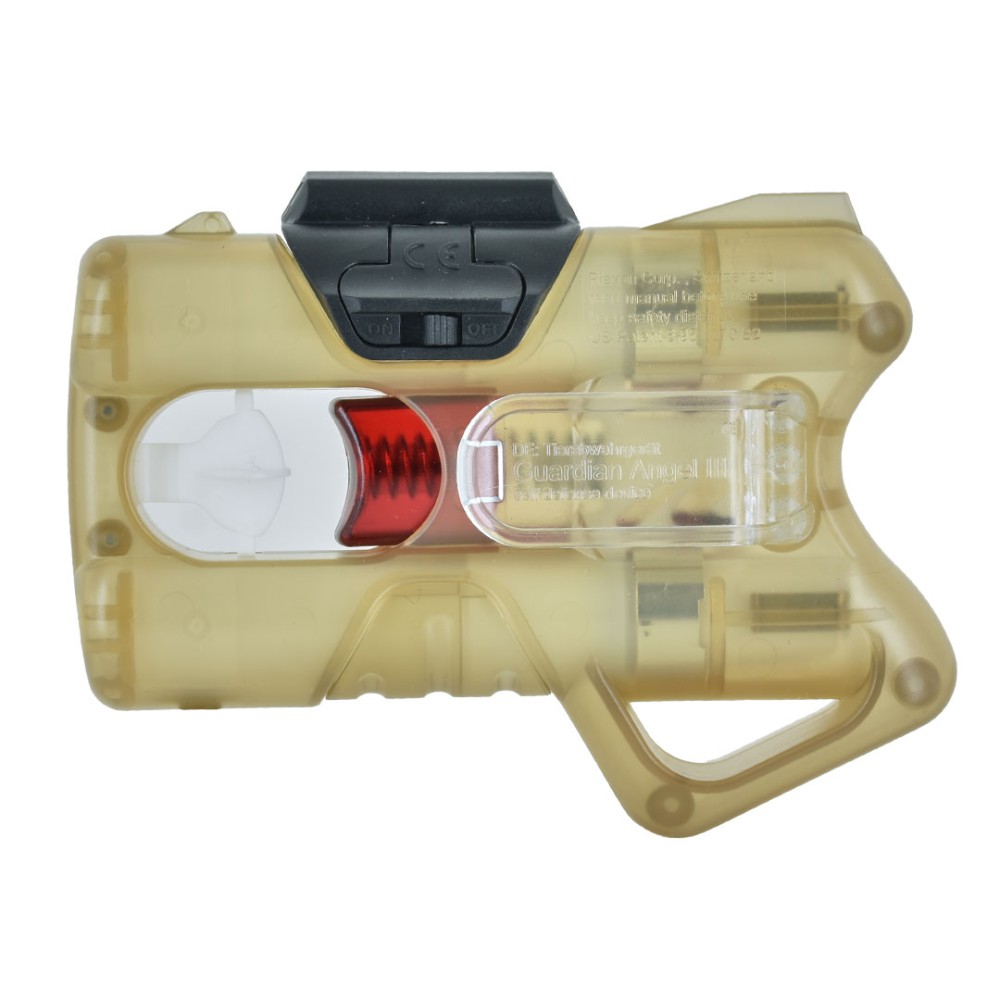 Vista frontale del dispositivo Piexon Guardian Angel III ANGY Gold trasparente con laser clip rosso montato superiormente e carica visibile